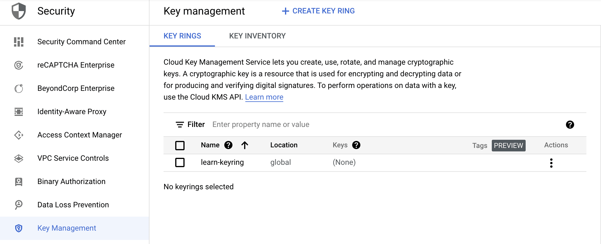 Screenshot showing Cloud KMS in Google Cloud